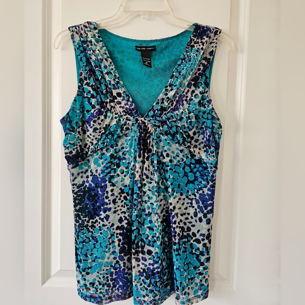 New York & Company Blue Ruched Front Tank Top